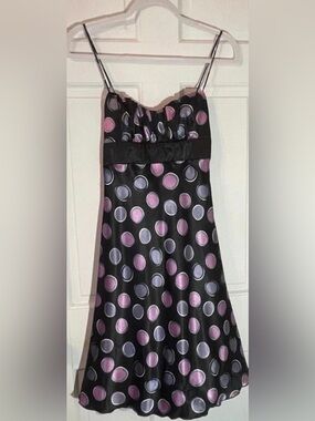 Vintage Y2K Polka Dot Prom Dress Black Satin Ruched Bust Empire Waist size 11/12